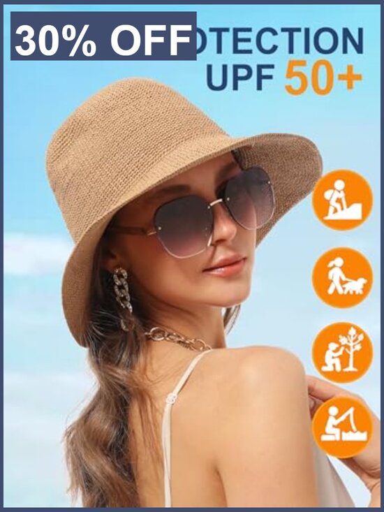 Handmade Foldable Straw Bucket Sun Hat UPF 50+ Adjustable Travel Beach main image 5